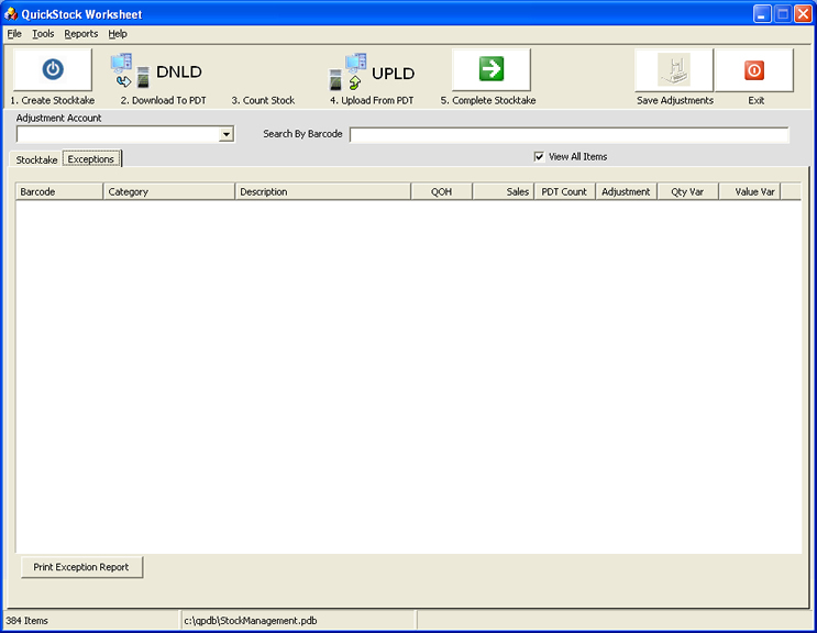 Stock-take exception tab